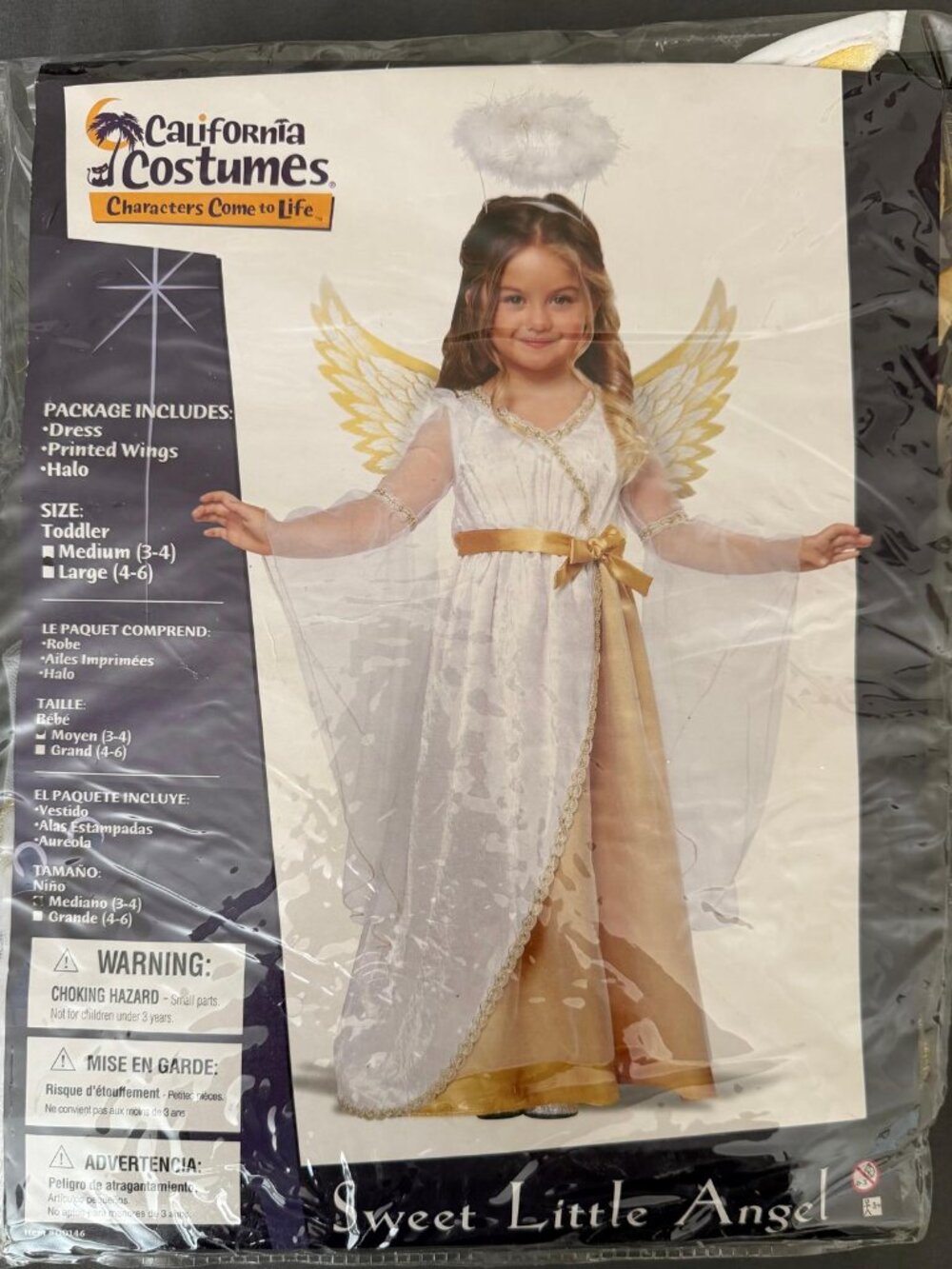 Little Sweet Angel Costume Toddler Medium (3-4) White Gold Dress, Wings, Halo